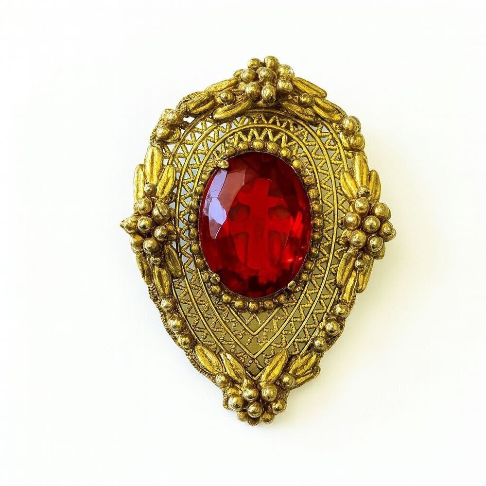 Vintage Raspberry Glass Dress Clip Brooch Gold Filigree Dress Clip Art Deco - Picture 9 of 10